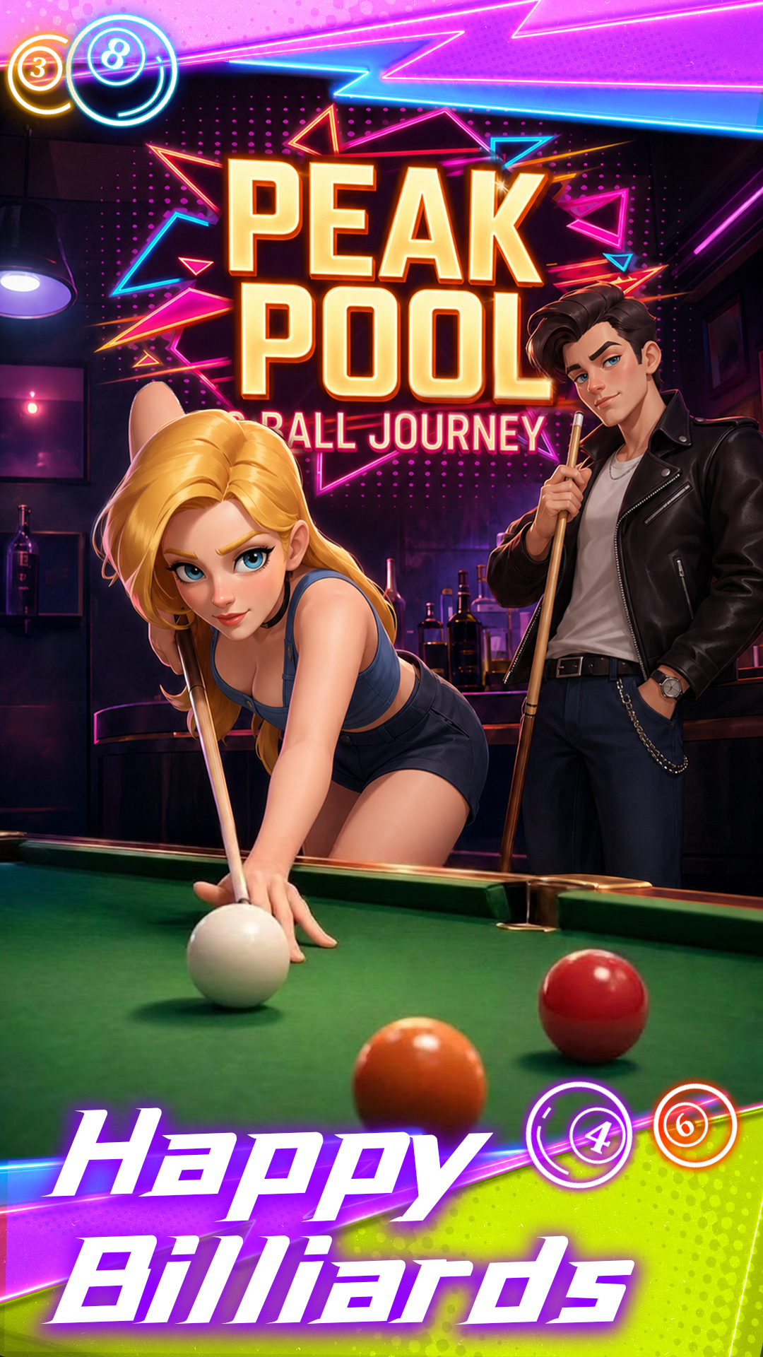 Peak Pool gameplay — stylish neon pool hall