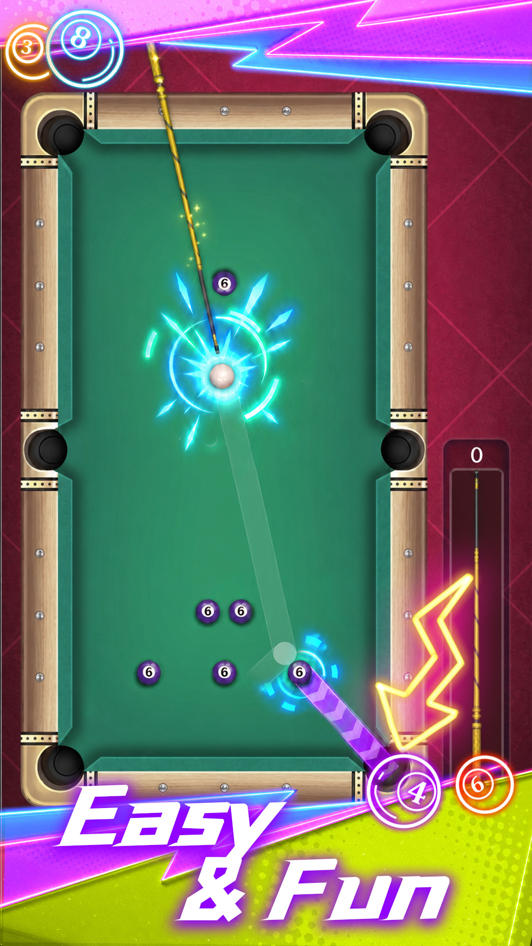 Peak Pool top-down billiards table with trajectory lines